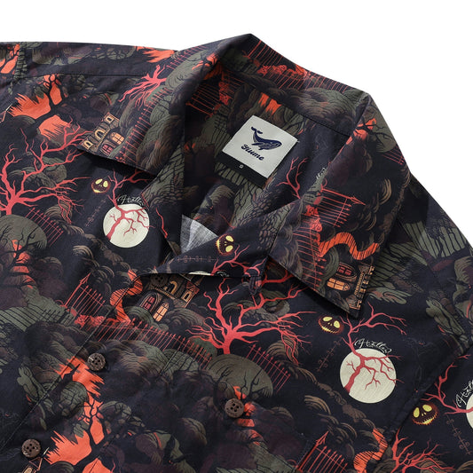 Halloween Hawaiian Shirt For Men Midnight Castle Shirt Camp Collar 100% Cotton By Sun