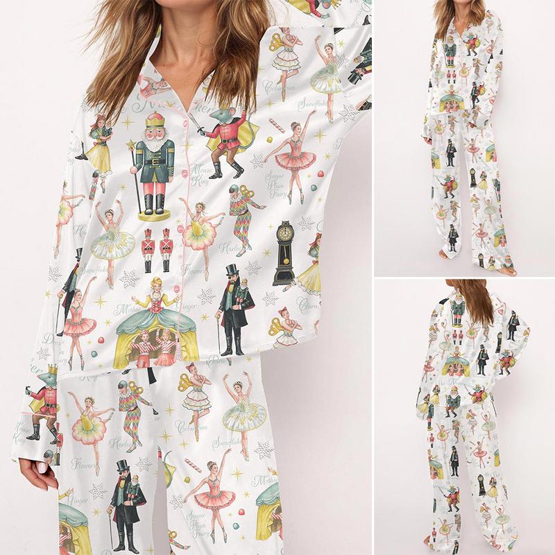 Nutcracker Ballet Christmas Satin Pajama Set For Women Print Comfy Satin Sleepwear & Loungewear Pjs Printing Silky Top & Bottoms