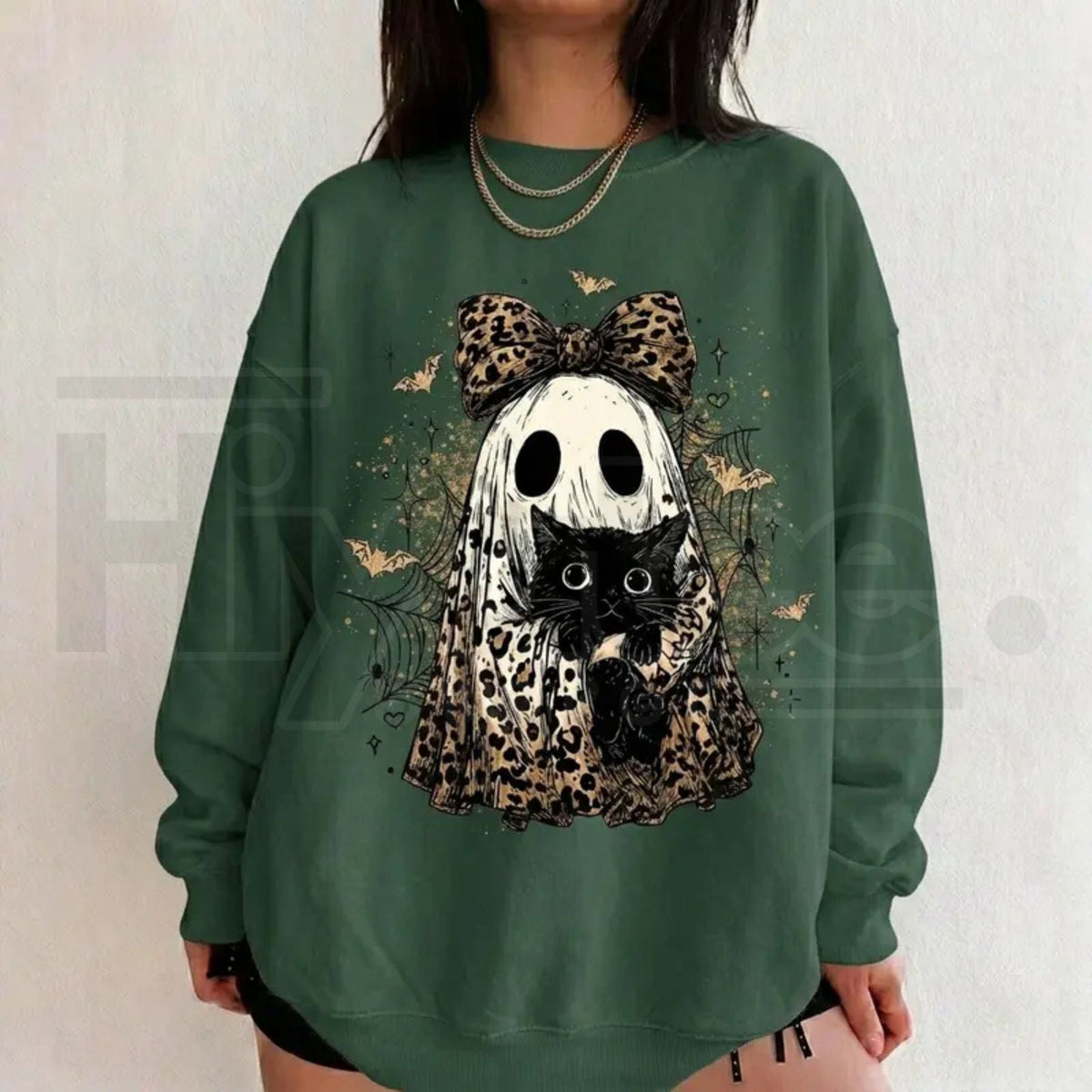 Leopard Ghost Cat Halloween Sweatshirt – Cute Spooky Black Cat Graphic Shirt, Coquette Bow Ghost Fall Outfit