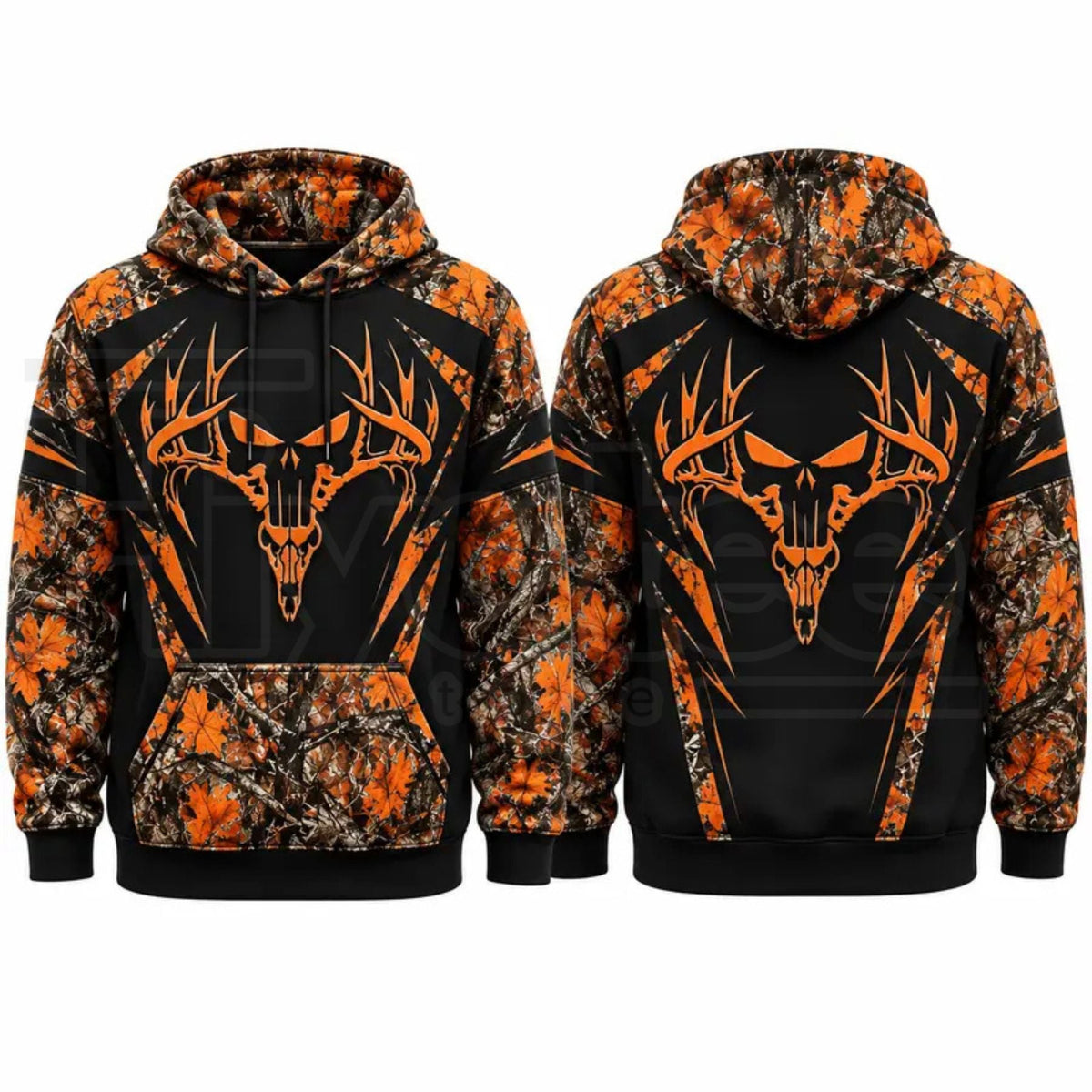 Men’s Camo Deer Skull Graphic Hoodie – Orange Black Color-Block Outdoor Hunting Pullover