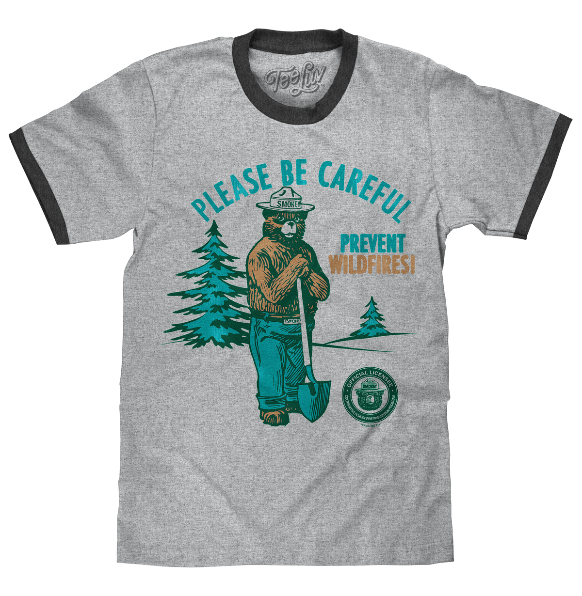 Smokey Bear Please Be Careful Prevent Wildfires Ringer T-Shirt - Gray and Black