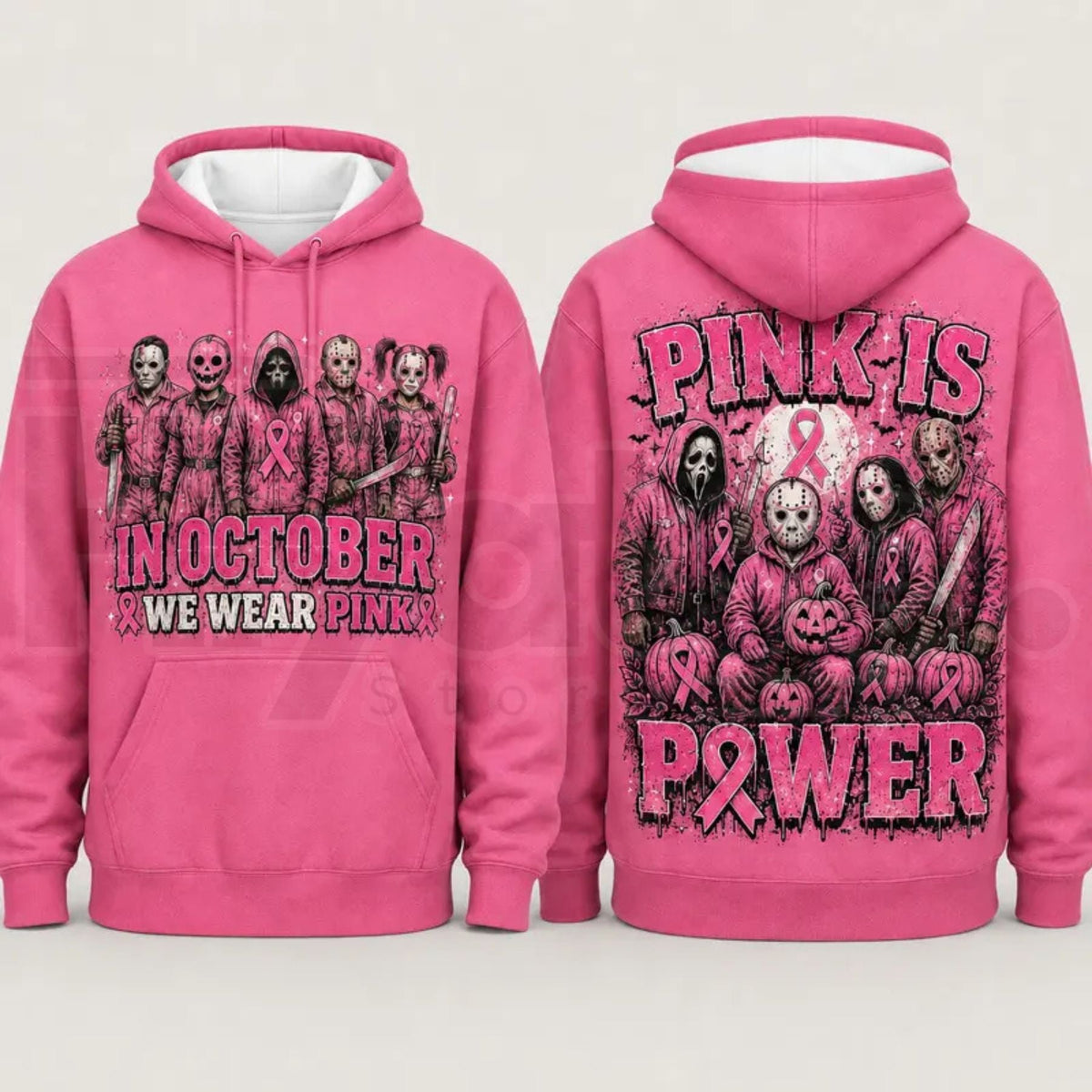 Pink Horror October Hoodie – In October We Wear Pink Scary Movie Character Pumpkin Bat Graphic Pullover