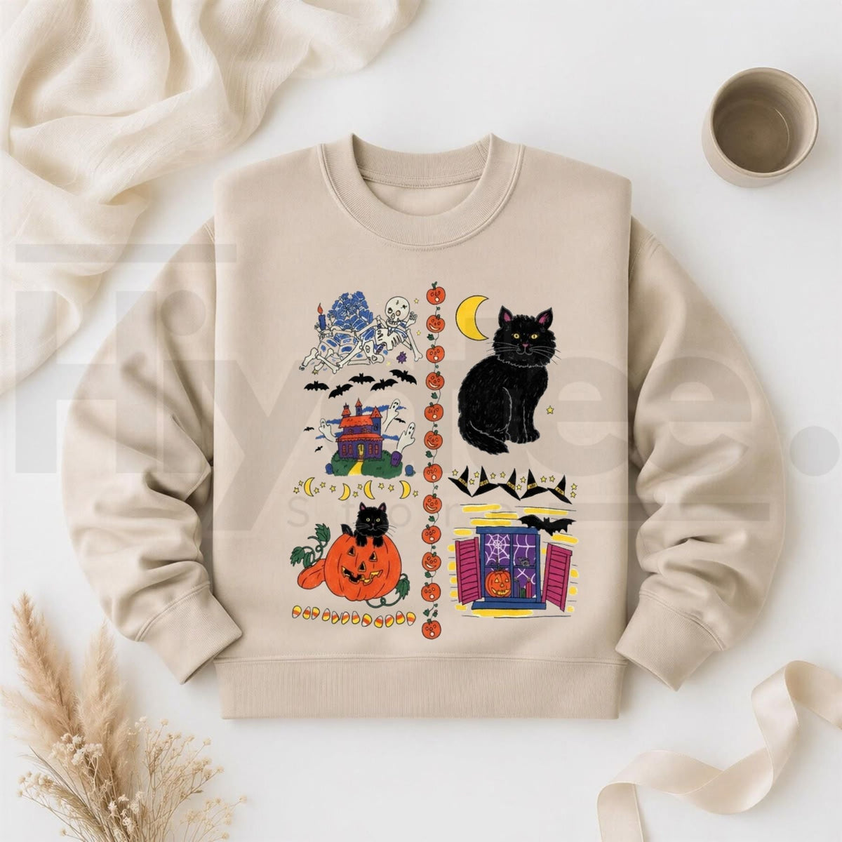 Women's Vintage Halloween Cotton Sweatshirt – Retro Spooky Haunted House Crewneck, 90s Aesthetic Fall Pullover