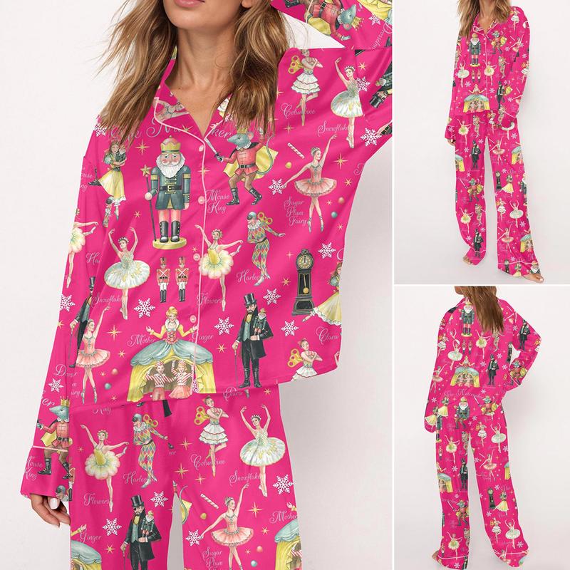 Nutcracker Ballet Christmas Satin Pajama Set For Women Print Comfy Satin Sleepwear & Loungewear Pjs Printing Silky Top & Bottoms