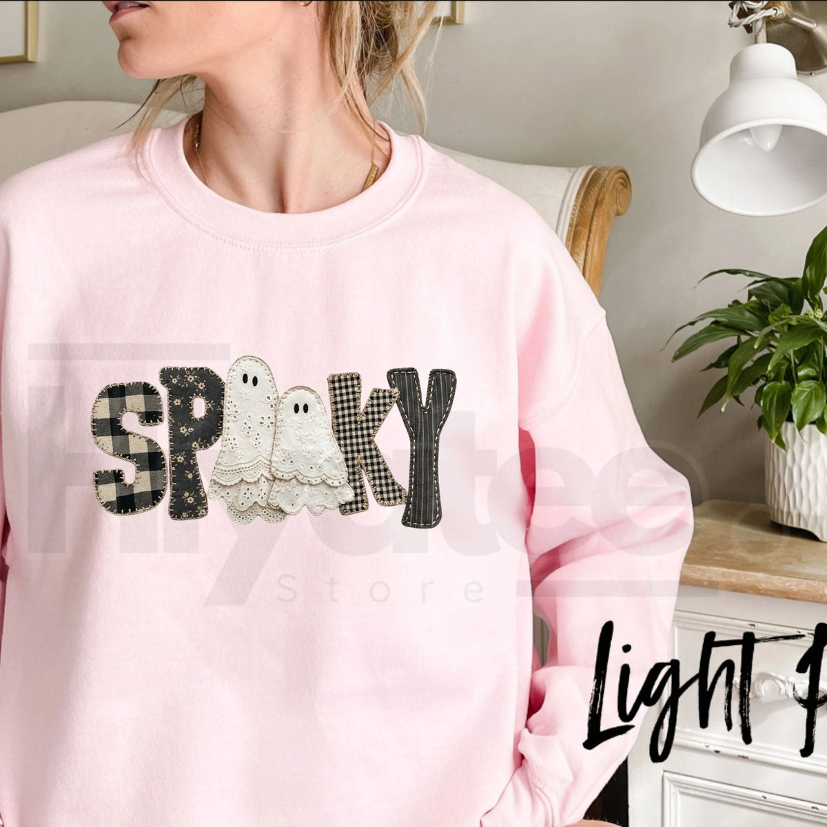 Gildan Patchwork Gingham Spooky Ghost Sweatshirt, Vintage Halloween Lace Ghost Graphic Pullover