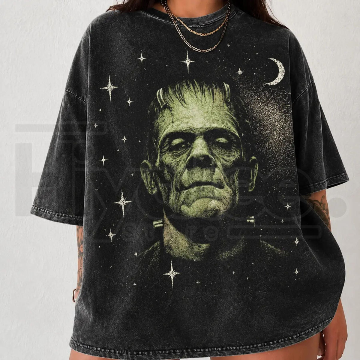 Retro Spooky Celestial Frankenstein & Bride Vintage Acid-Washed T-Shirt – Halloween Oversized Celestial Couple Tee
