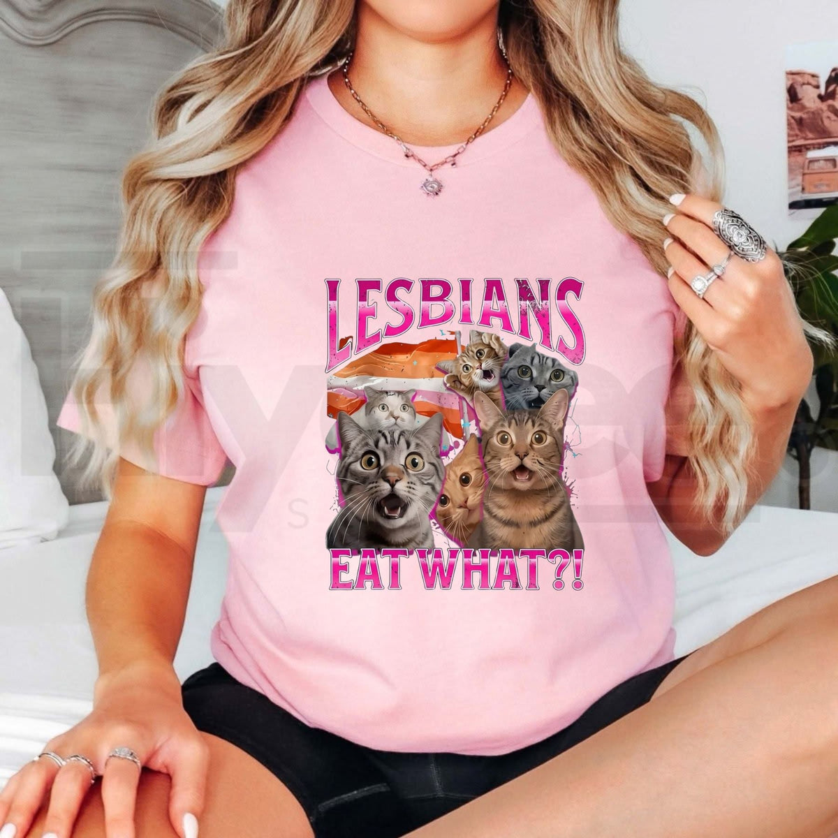 Lesbians Eat What T-Shirt – Funny Cat Gay Pride Pun Tee
