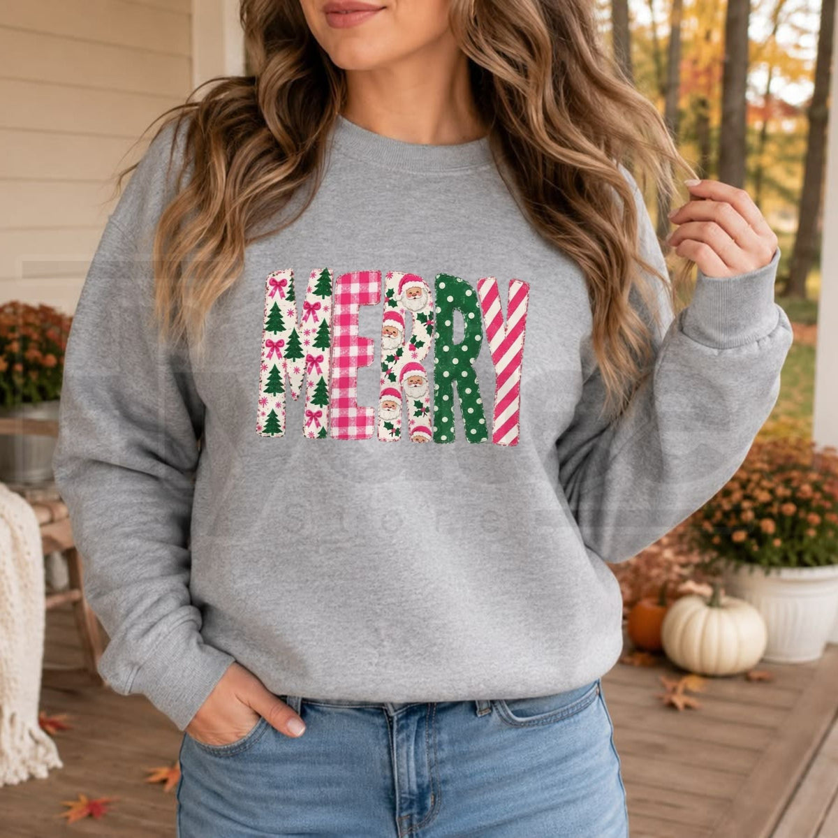 Retro Pink Merry Christmas Sweatshirt, Polka Dot Tree & Vintage Santa Graphic Pullover