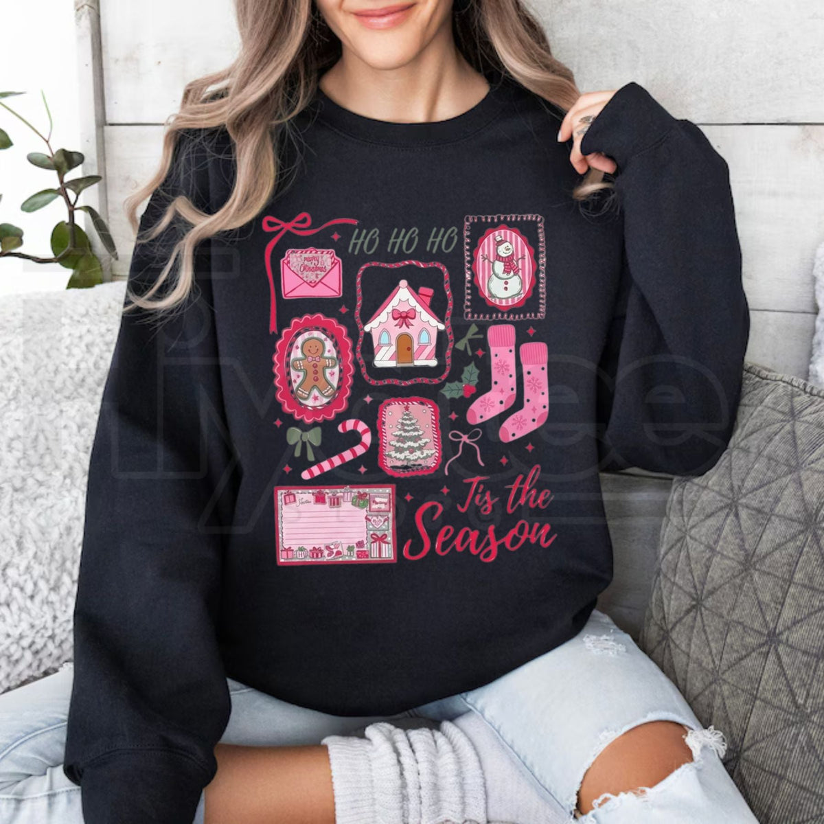 Pink Christmas Sweatshirt, Tis The Season Candy Cane Bow Santa Graphic Pullover