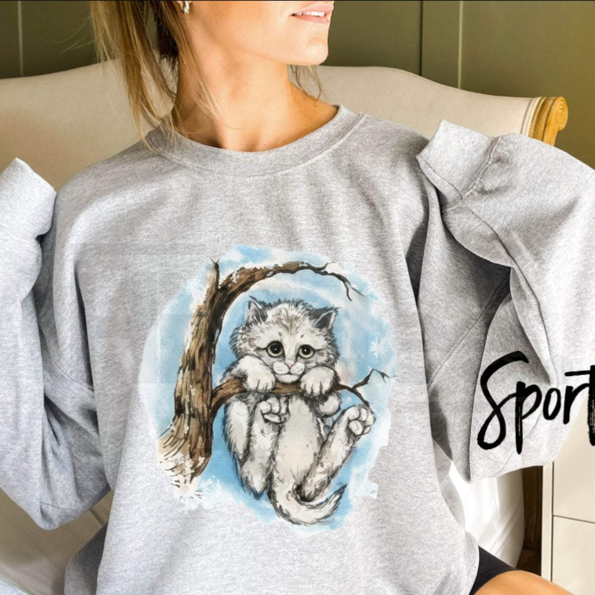 Vintage Kitten Graphic Sweatshirt - Cute Sad Cat in Winter Tree Crewneck Pullover
