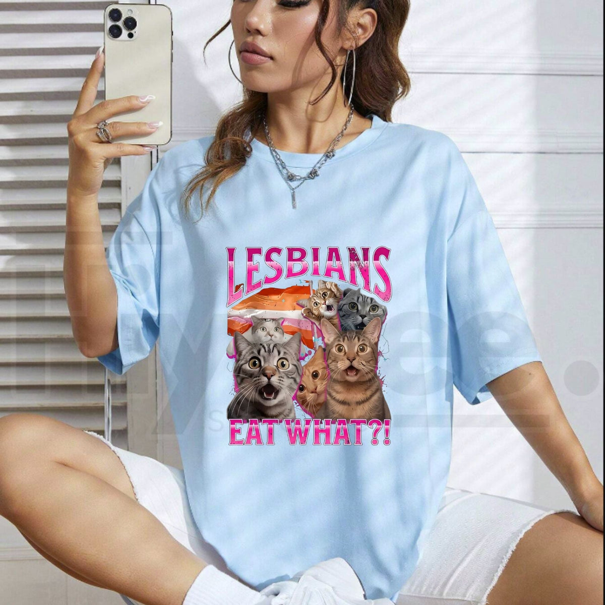 Lesbians Eat What T-Shirt – Funny Cat Gay Pride Pun Tee