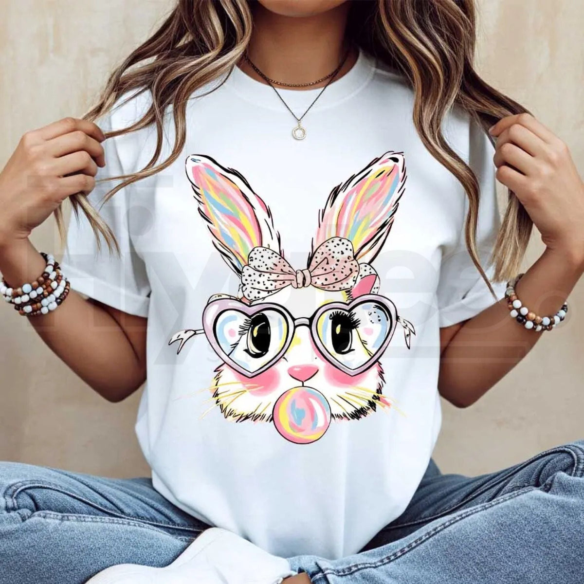 Cute Easter Bunny Bubblegum T-Shirt – Colorful Rabbit with Heart Glasses Tee