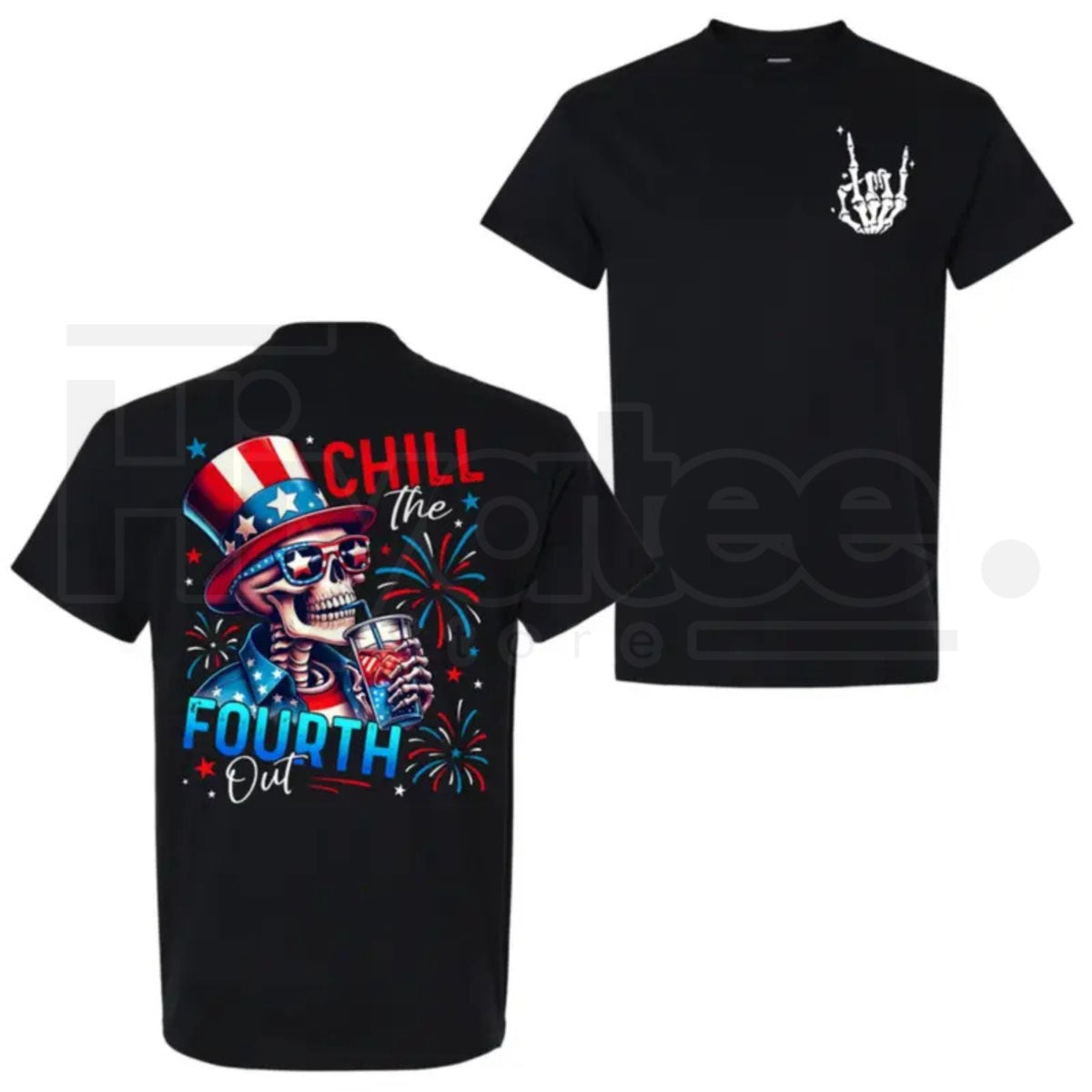 4th of July Skeleton Heavyweight T-Shirt – Vintage Patriotic US Flag Double Sided Black Graphic Tee