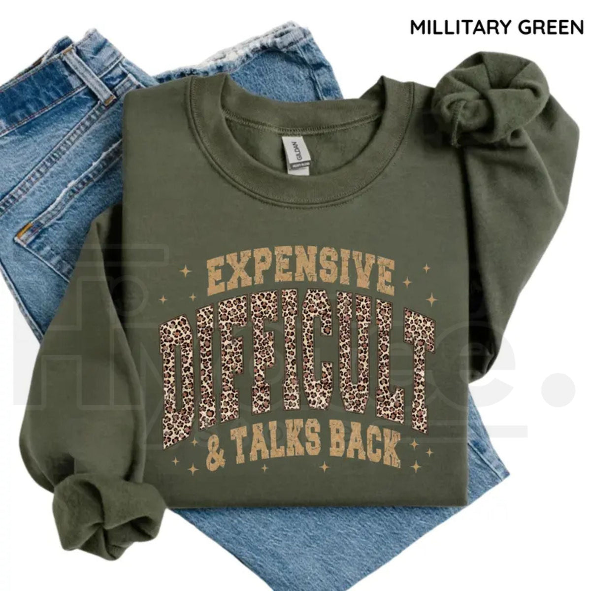 Gildan Leopard Expensive Difficult And Talks Back Sweatshirt – Funny Sarcastic Mama Crewneck, Trendy Gift for Women
