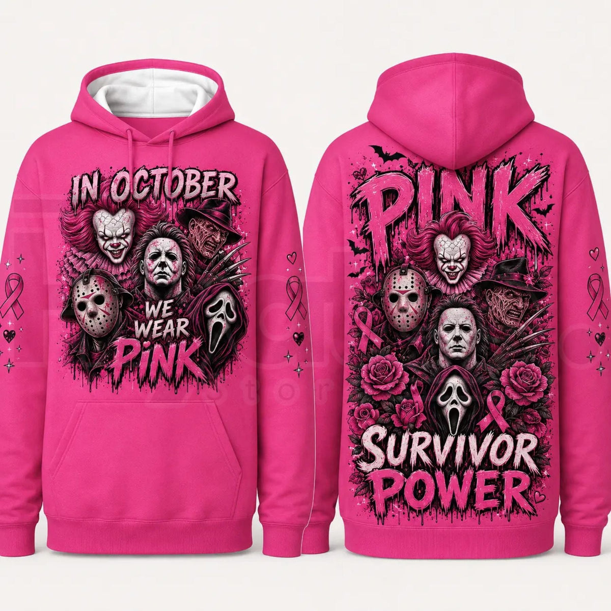 Pink Horror October Hoodie – In October We Wear Pink Scary Movie Character Pumpkin Bat Graphic Pullover