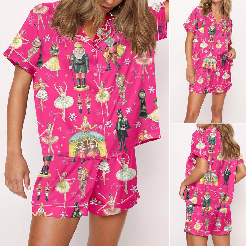 Nutcracker Ballet Christmas Satin Pajama Set For Women Print Comfy Satin Sleepwear & Loungewear Pjs Printing Silky Top & Bottoms