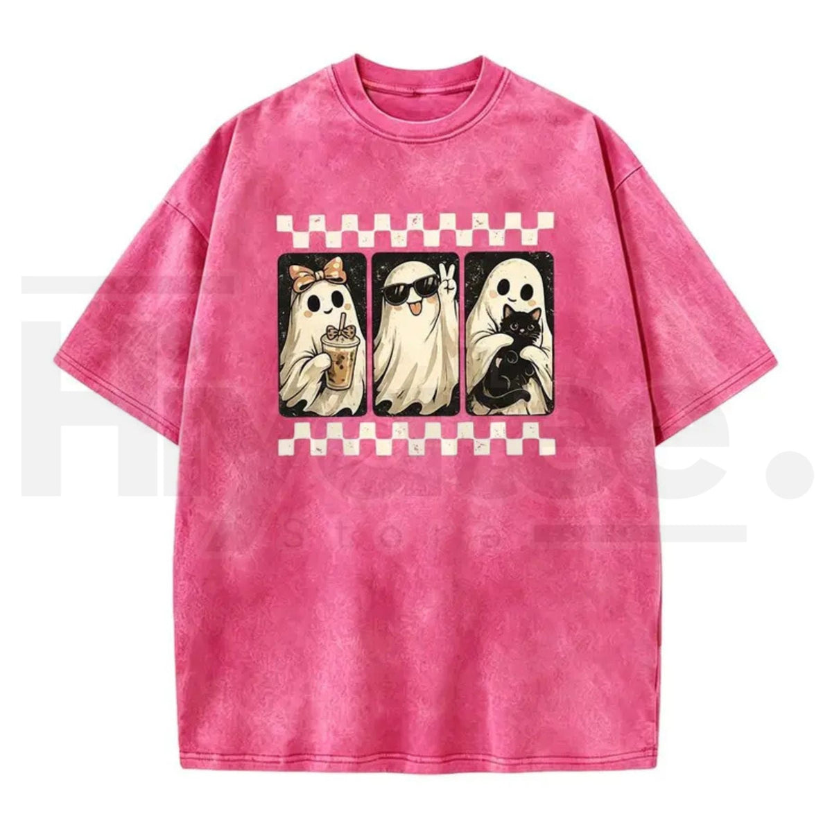 Spooky Theme Halloween Black Cat & Ghost Collage T-Shirt – Vintage Acid Wash Fall Graphic Cotton Tee