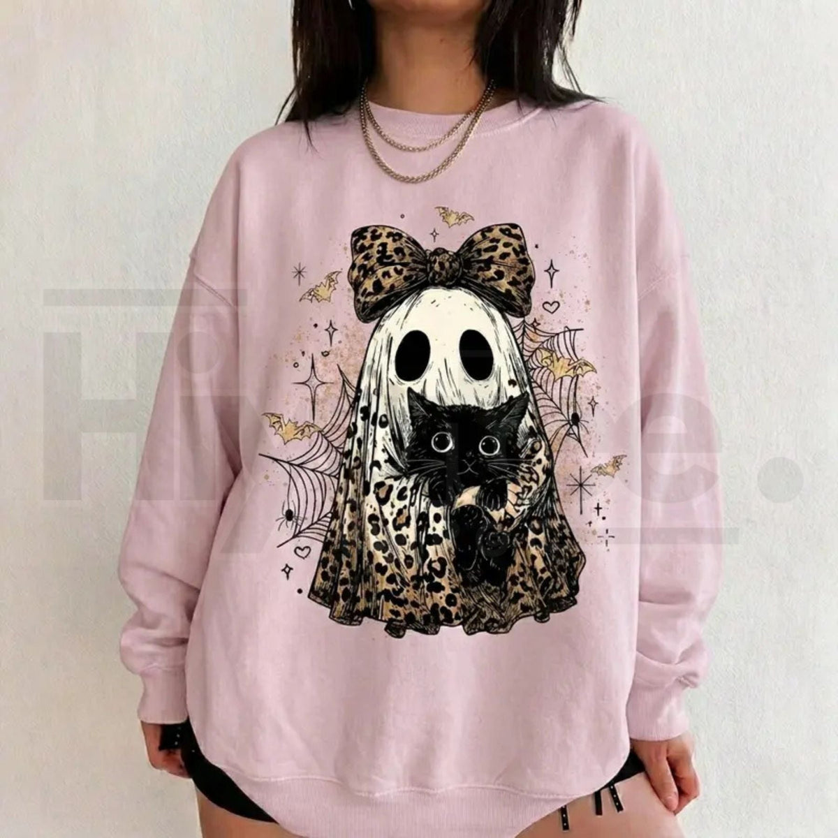 Leopard Ghost Cat Halloween Sweatshirt – Cute Spooky Black Cat Graphic Shirt, Coquette Bow Ghost Fall Outfit