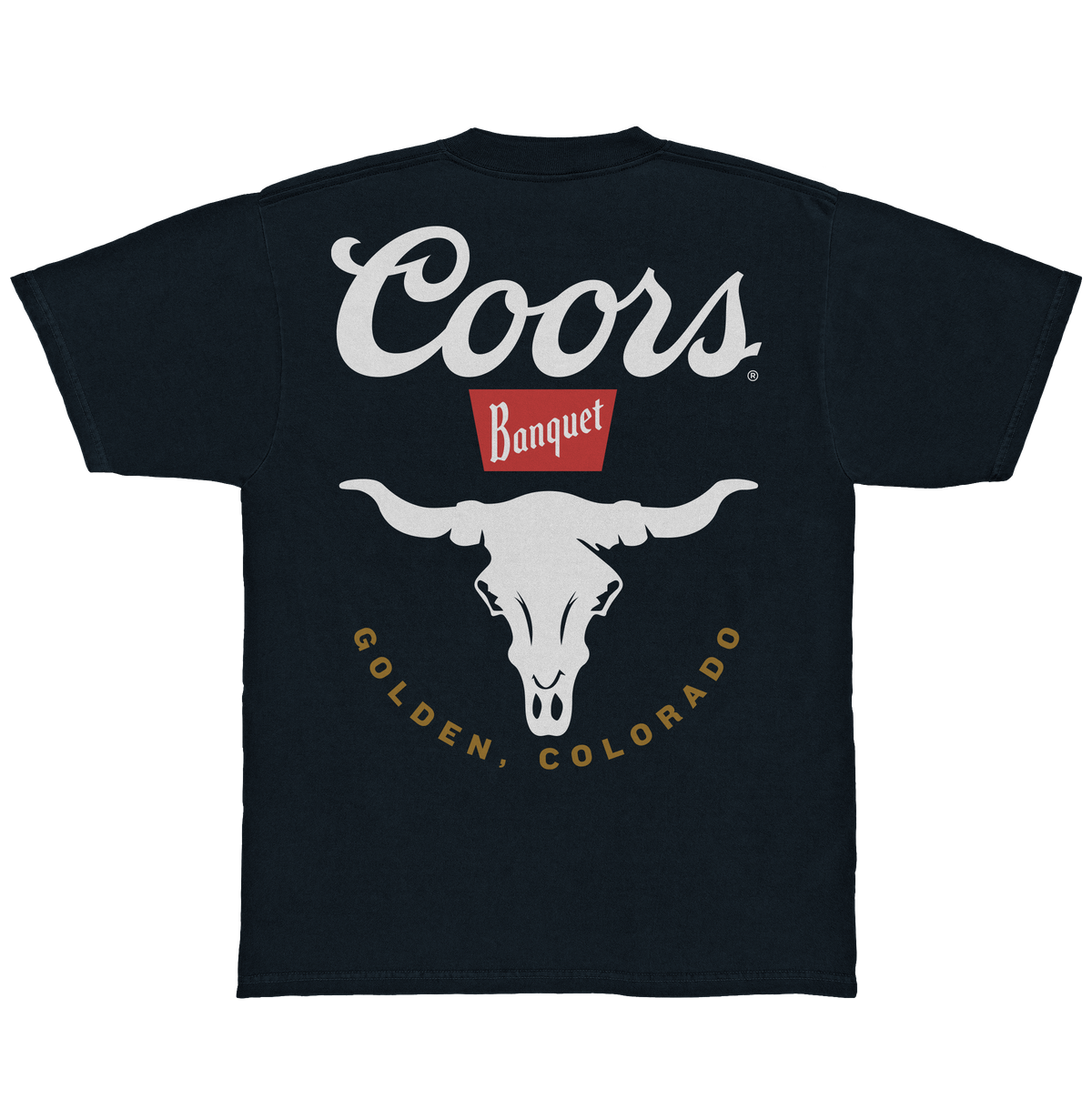 Coors Banquet Bull Skull Double Sided Heavyweight T-Shirt - Navy Blue