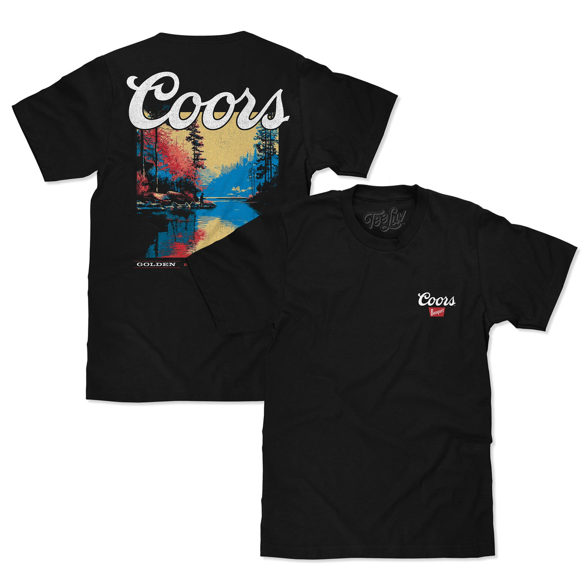 Tee Luv Coors Banquet Front and Back Beer Mountain Stream T-Shirt - Black
