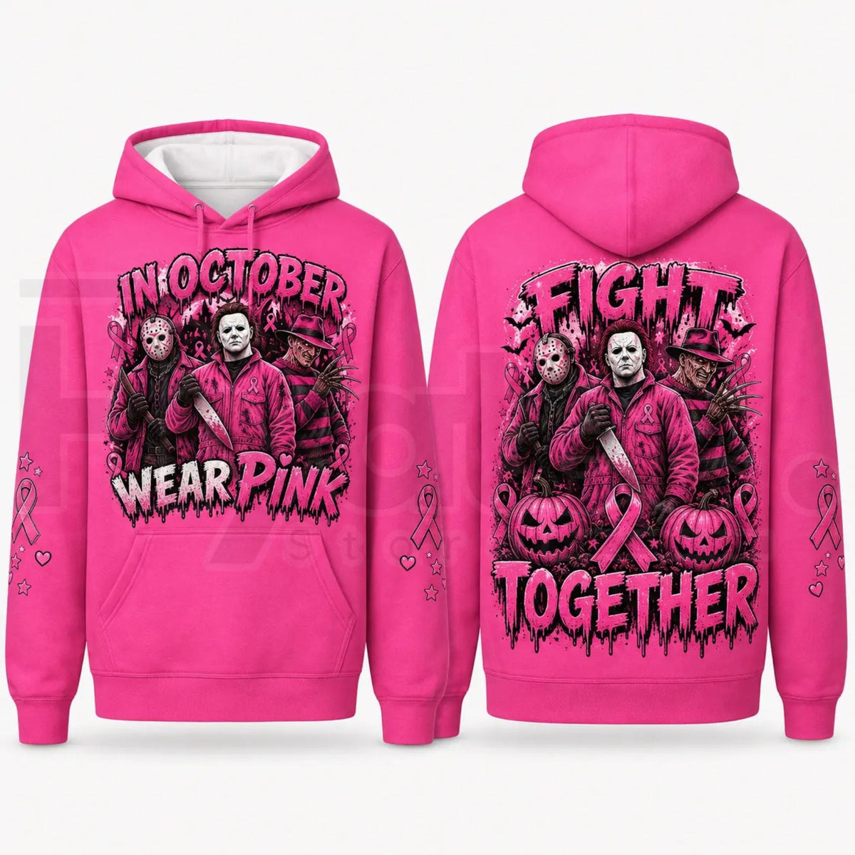 Pink Horror October Hoodie – In October We Wear Pink Scary Movie Character Pumpkin Bat Graphic Pullover
