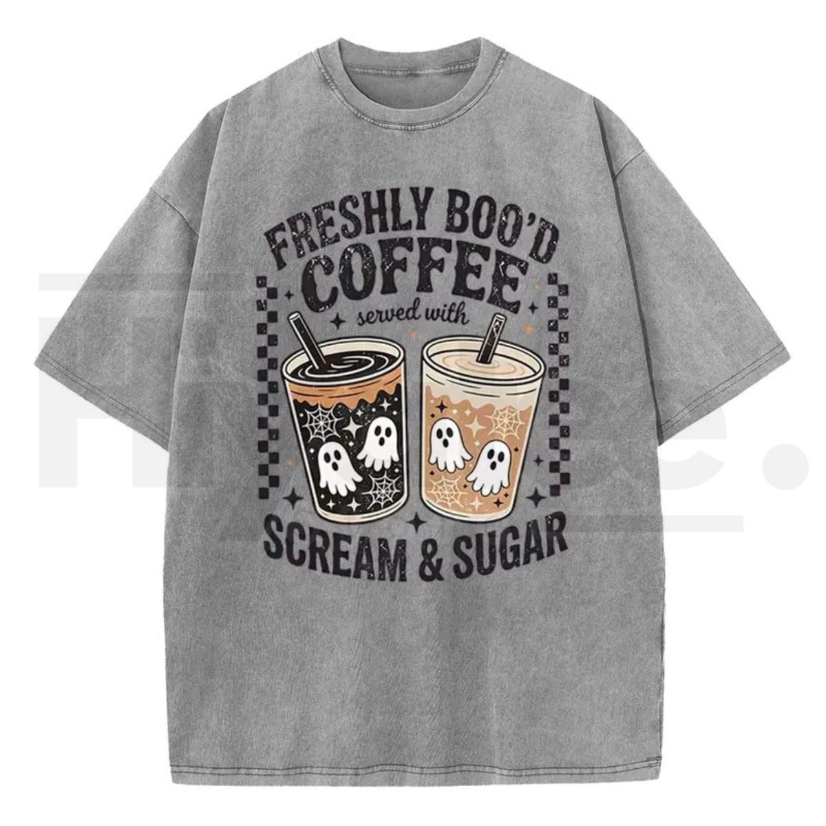 Holafish Funny Scream & Sugar Ghost Coffee T-Shirt – Retro Washed Oversized Fall Graphic Cotton Tee