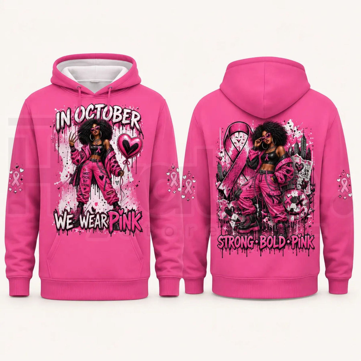 Pink Horror October Hoodie – In October We Wear Pink Scary Movie Character Pumpkin Bat Graphic Pullover