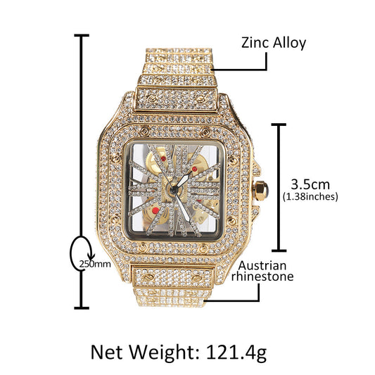 Hip-hop diamond-encrusted hollowed-out square watch