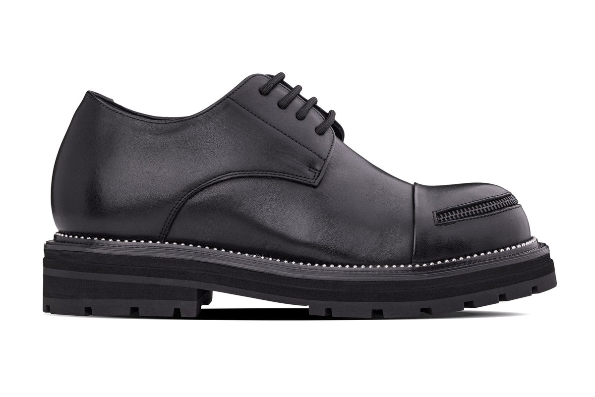 TOTO - W0982 - 3.3 Inches Taller (Black) - Low Top Chunky Sole Cap-Toe Casual Derbies