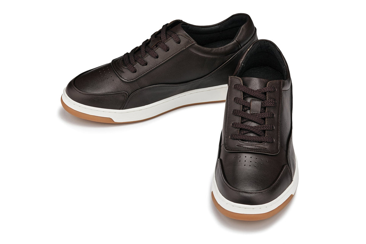 CALTO - Y7887 - 2.6 Inches Taller (Deep Espresso/White & Gum Sole) - Elevated Leather Sneakers